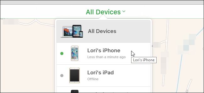 Меню Все устройства в iCloud с выбором устройства