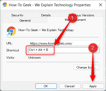 Назначение сочетания клавиш в свойствах ярлыка.