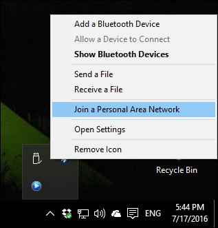 Окно Windows Bluetooth Personal Area Network