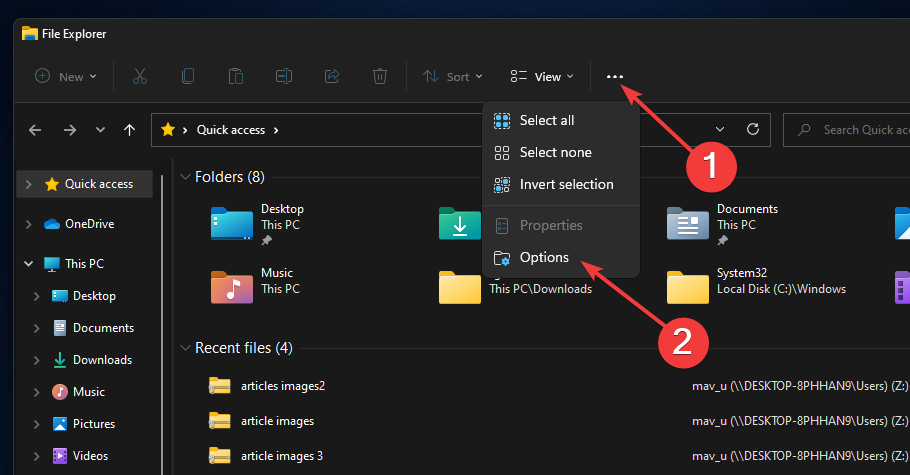 Параметры Проводника и переключение показа скрытых файлов