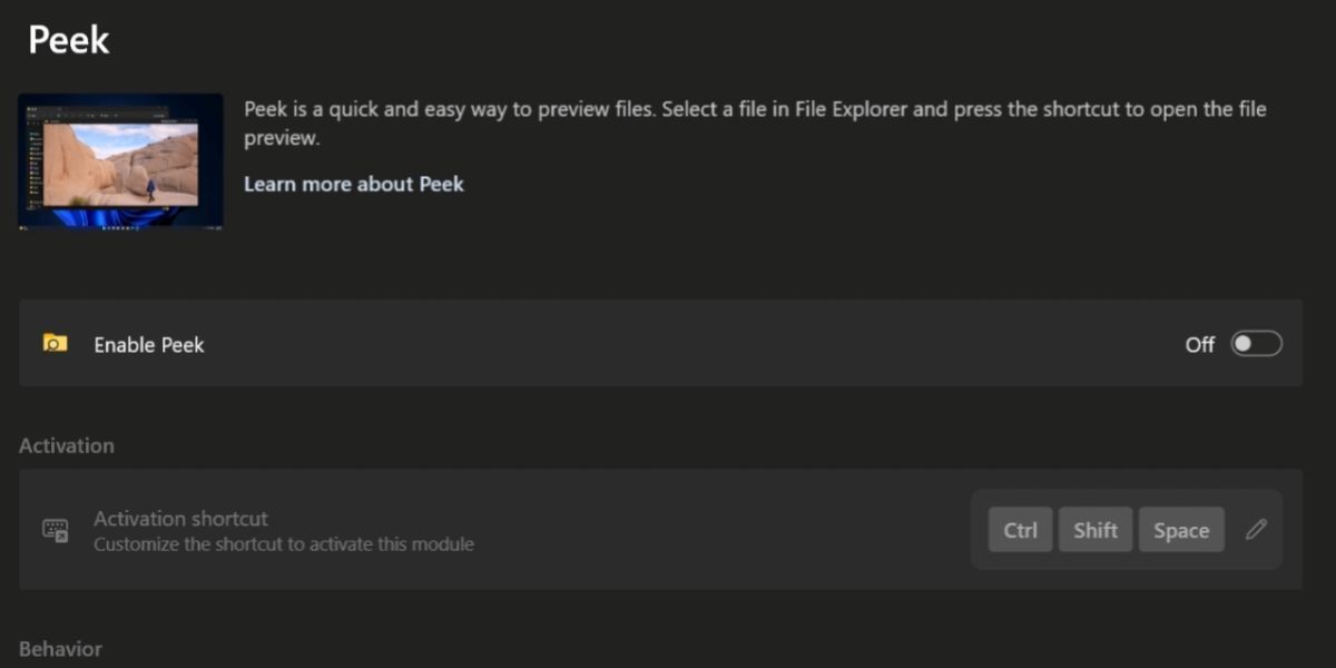 Включение Peek в PowerToys