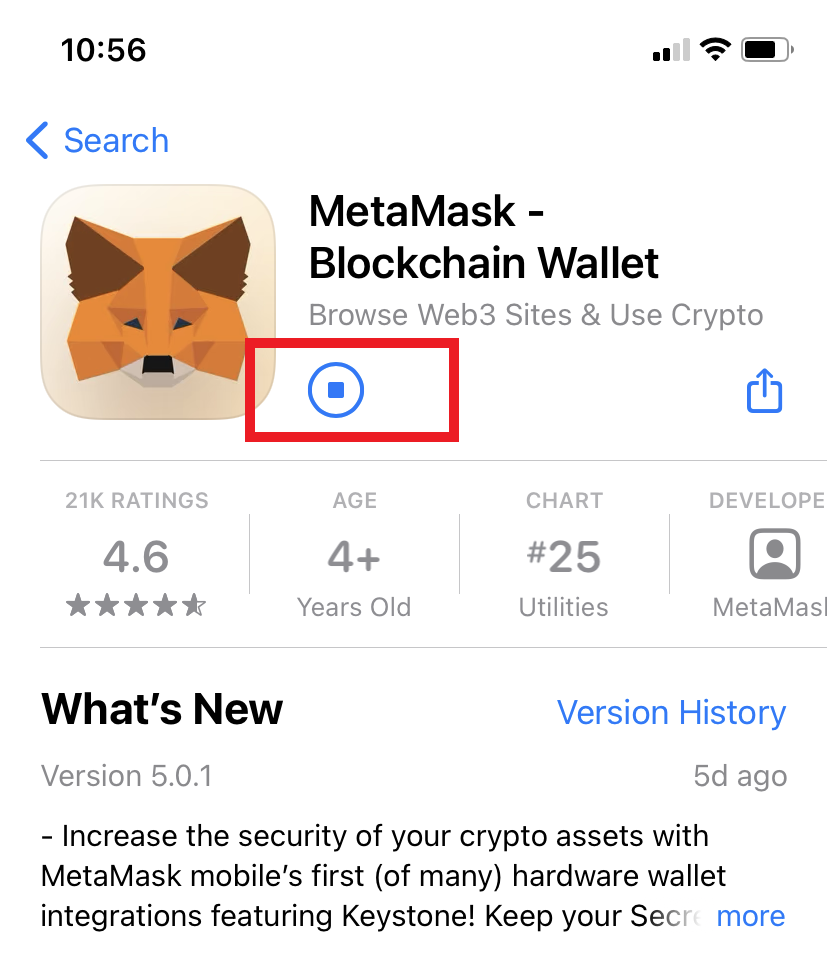 страница загрузки MetaMask в App Store