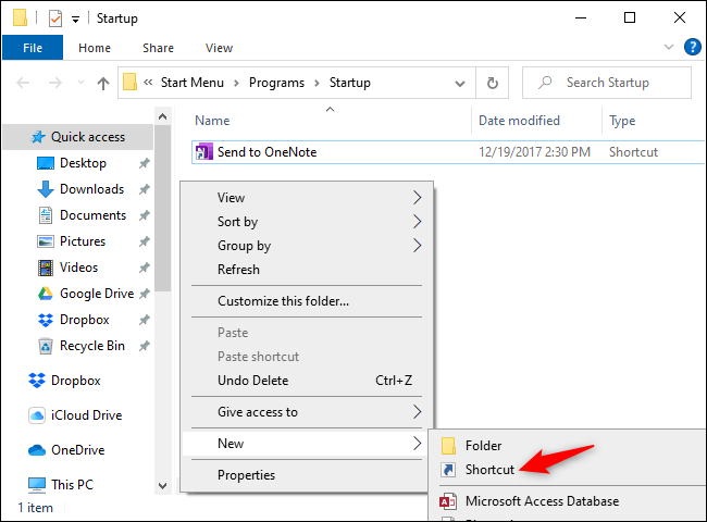 Создание нового ярлыка в папке автозагрузки Windows 10.