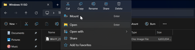Меню Проводника с опцией Mount при клике по ISO