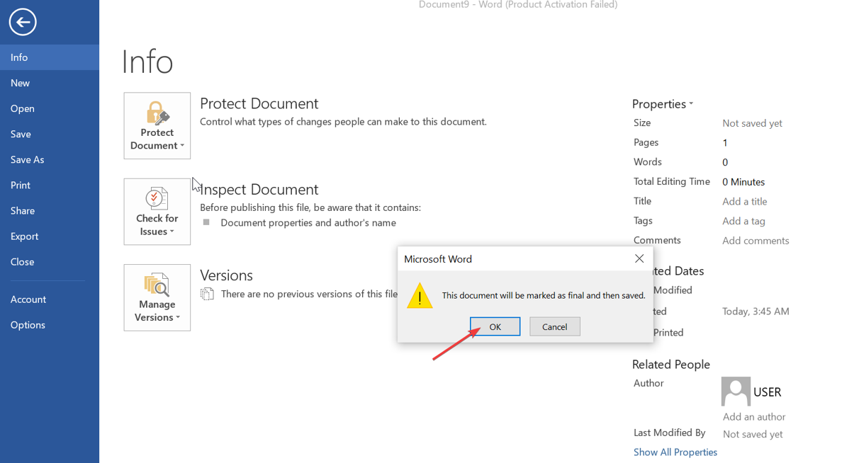 Скриншот: подтверждение пометки документа как окончательного
