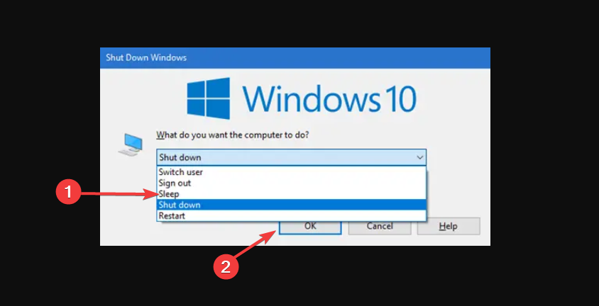 Диалог завершения работы Windows с выпадающим списком выбора режима