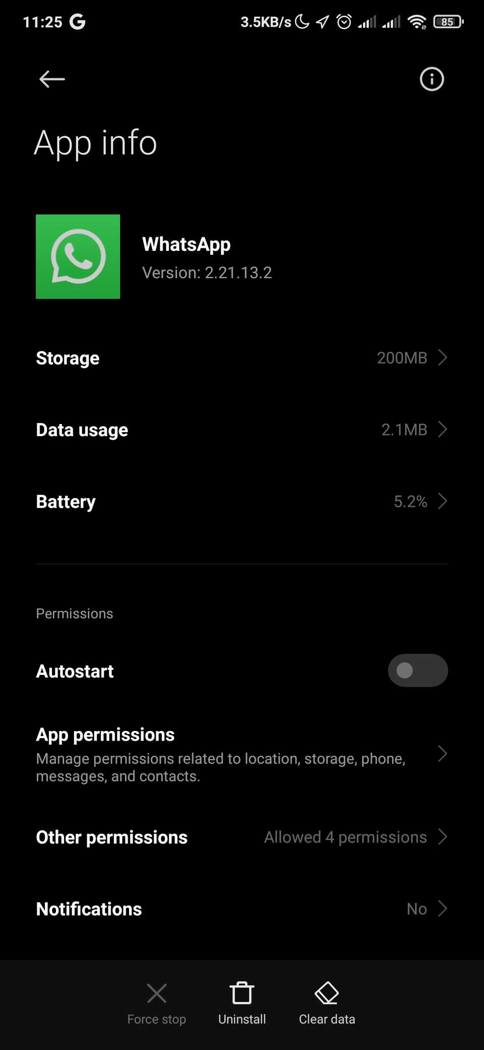 настройки приложения WhatsApp в системных настройках Android