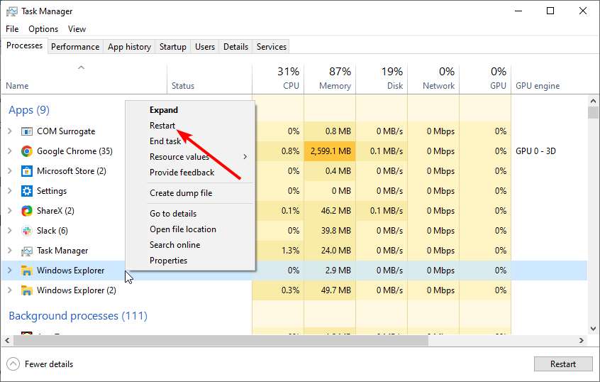 Контекстное меню с опцией Перезапустить для процесса Проводник Windows