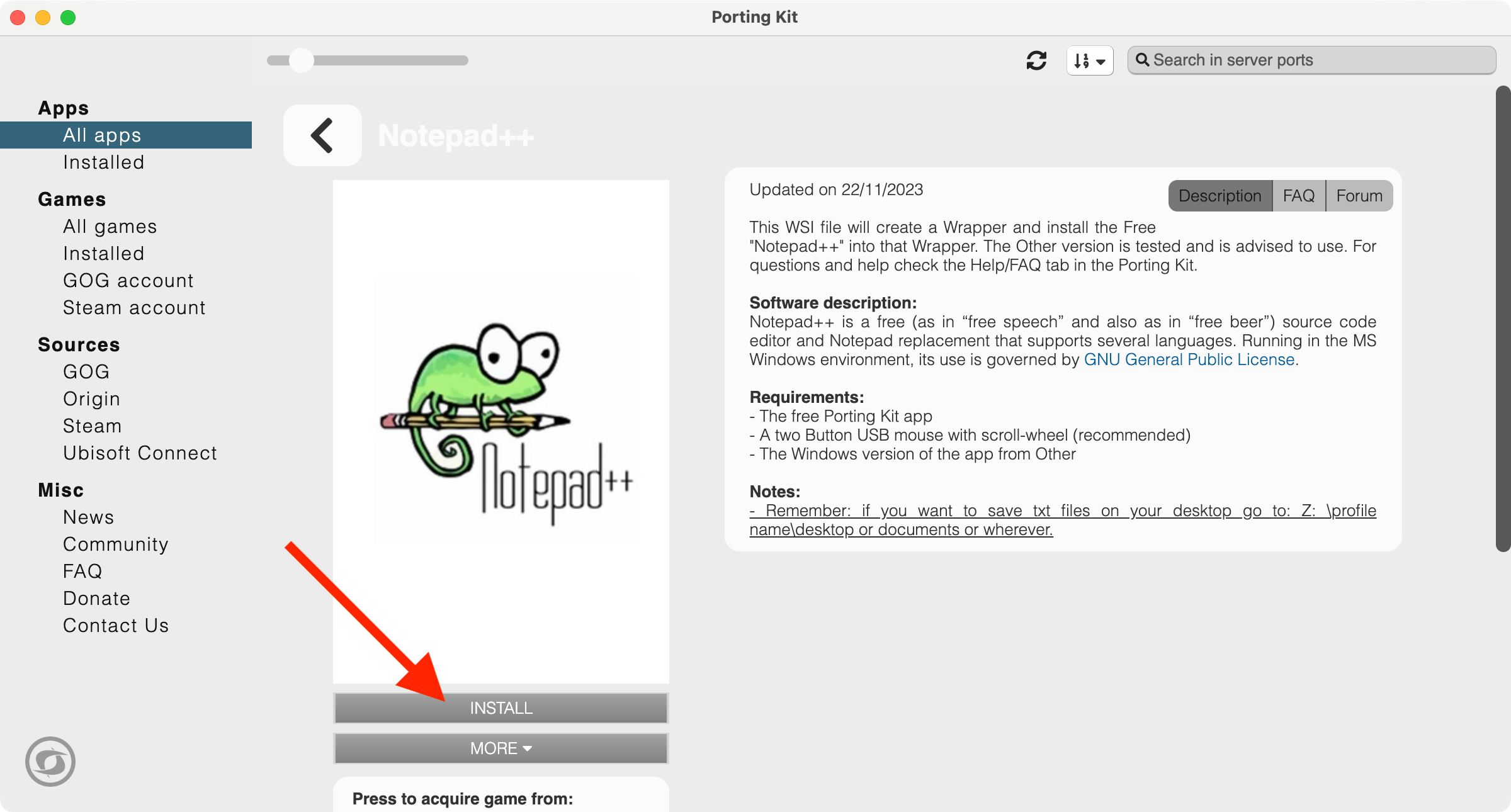 Notepad++ в Porting Kit с кнопкой установки