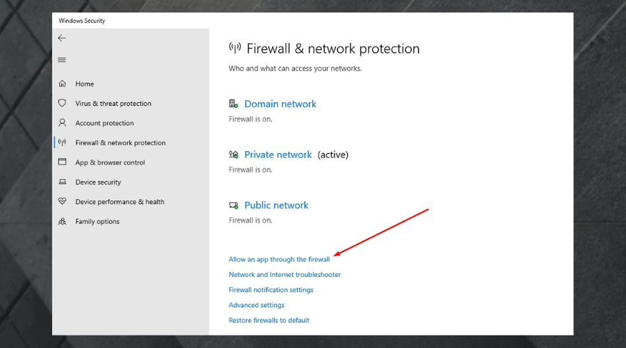 Параметр Разрешить приложение через брандмауэр в Windows Security