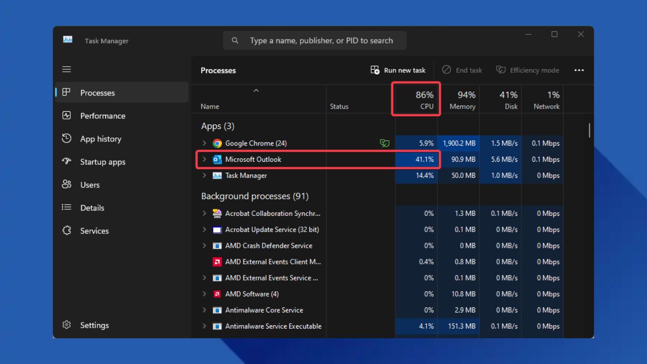 Outlook: исправление резкого роста CPU