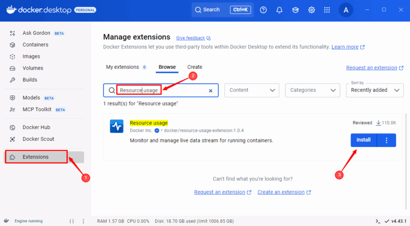 Установка расширения Resource Usage в Docker Desktop