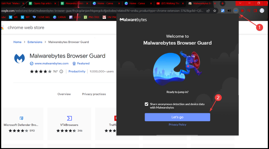 Иконка и панель расширения Malwarebytes в браузере