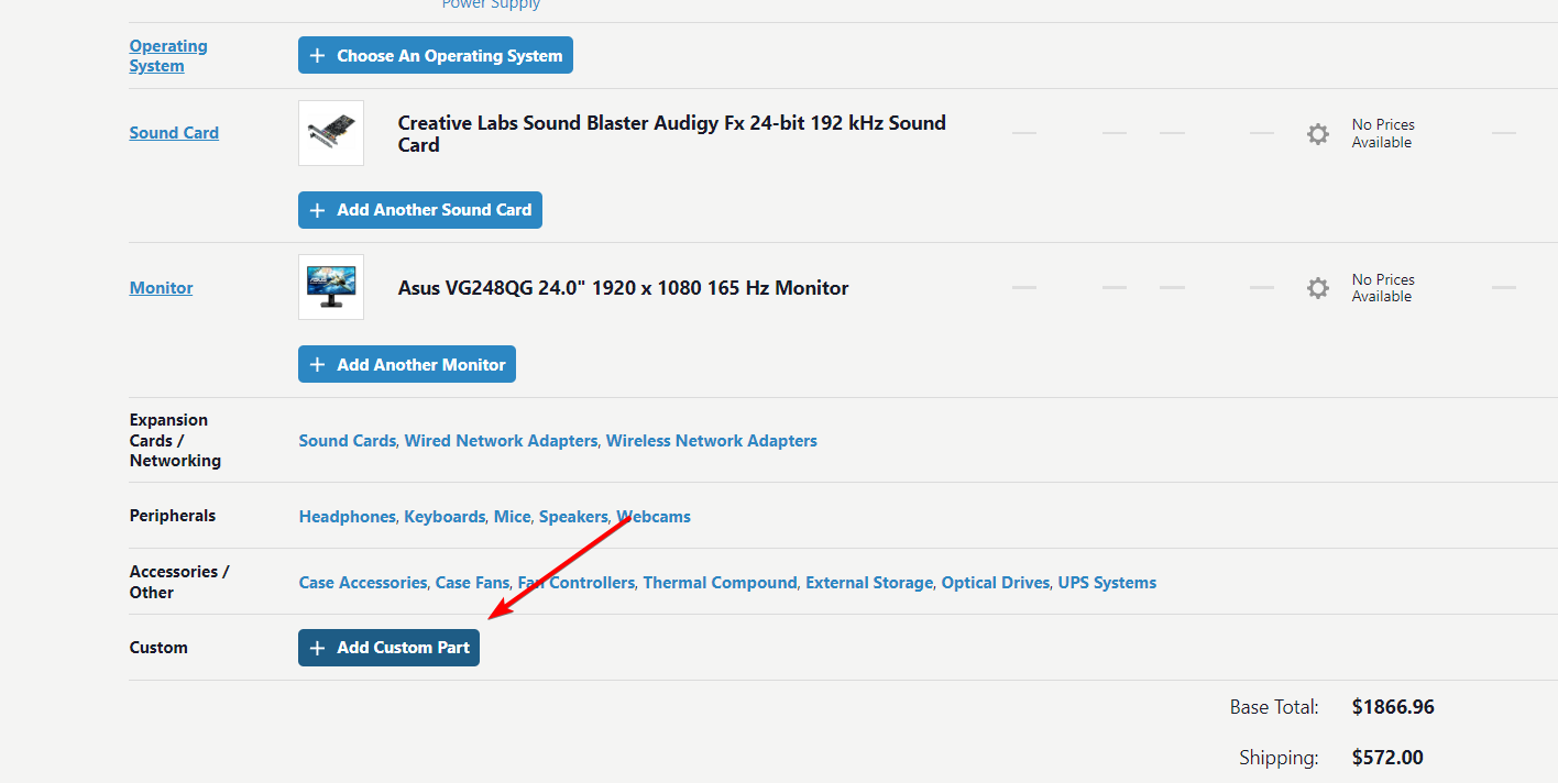 Кнопка Add Custom Part для добавления пользовательской детали по ссылке