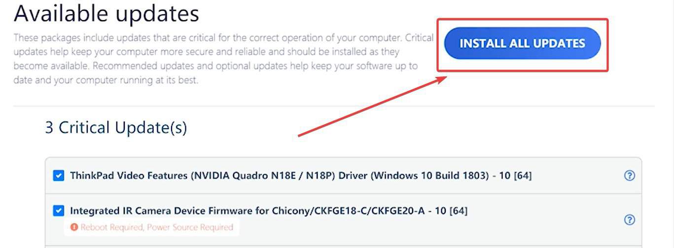 Кнопка Install All Updates в Lenovo Vantage