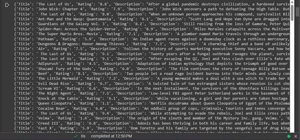 Вывод в Google Colab с результатами скрейпинга