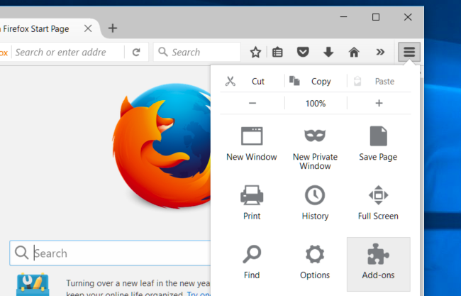 Кнопка «Дополнения» в меню Firefox