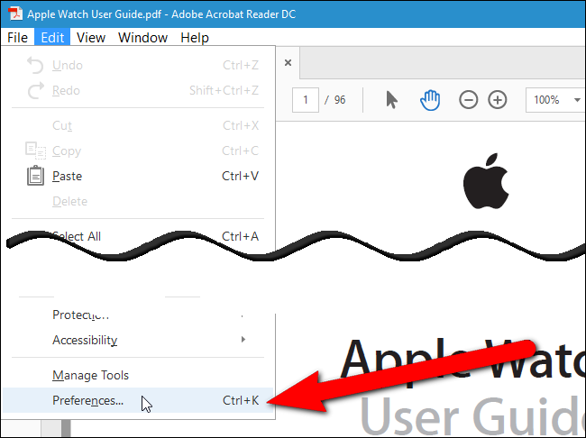 Меню Правка → Настройки в Adobe Acrobat Reader