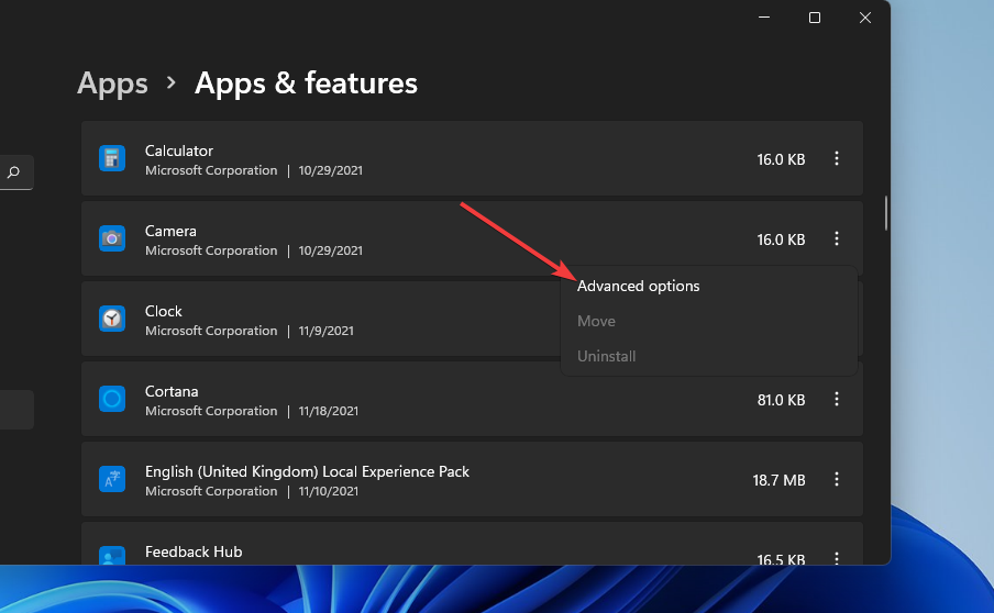 Меню Дополнительные параметры для приложения Minecraft