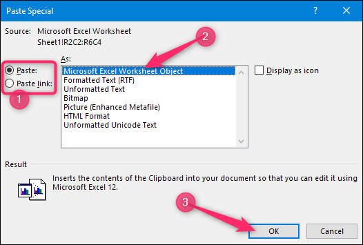 Вставленный лист Excel в документ Word