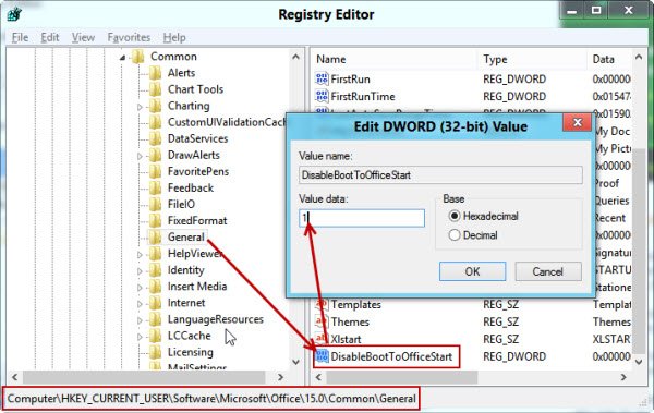 Запись реестра DisableBootToOfficeStart для отключения стартовых экранов Office