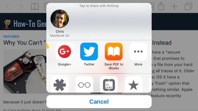 Экран iPhone с меню Поделиться и опцией Сохранить PDF в Книги