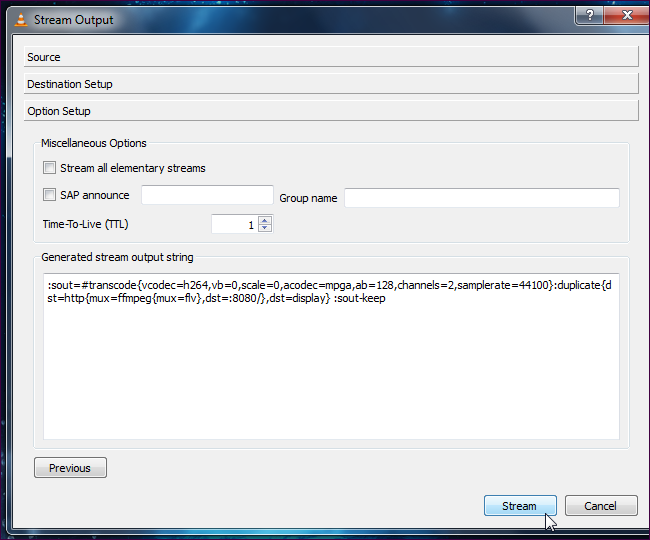 Панель настроек опций и кнопка Stream для начала