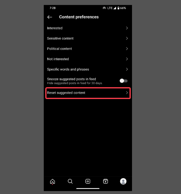 Параметр Сбросить предлагаемый контент