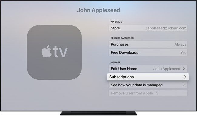 Изображение: меню управления подписками на Apple TV
