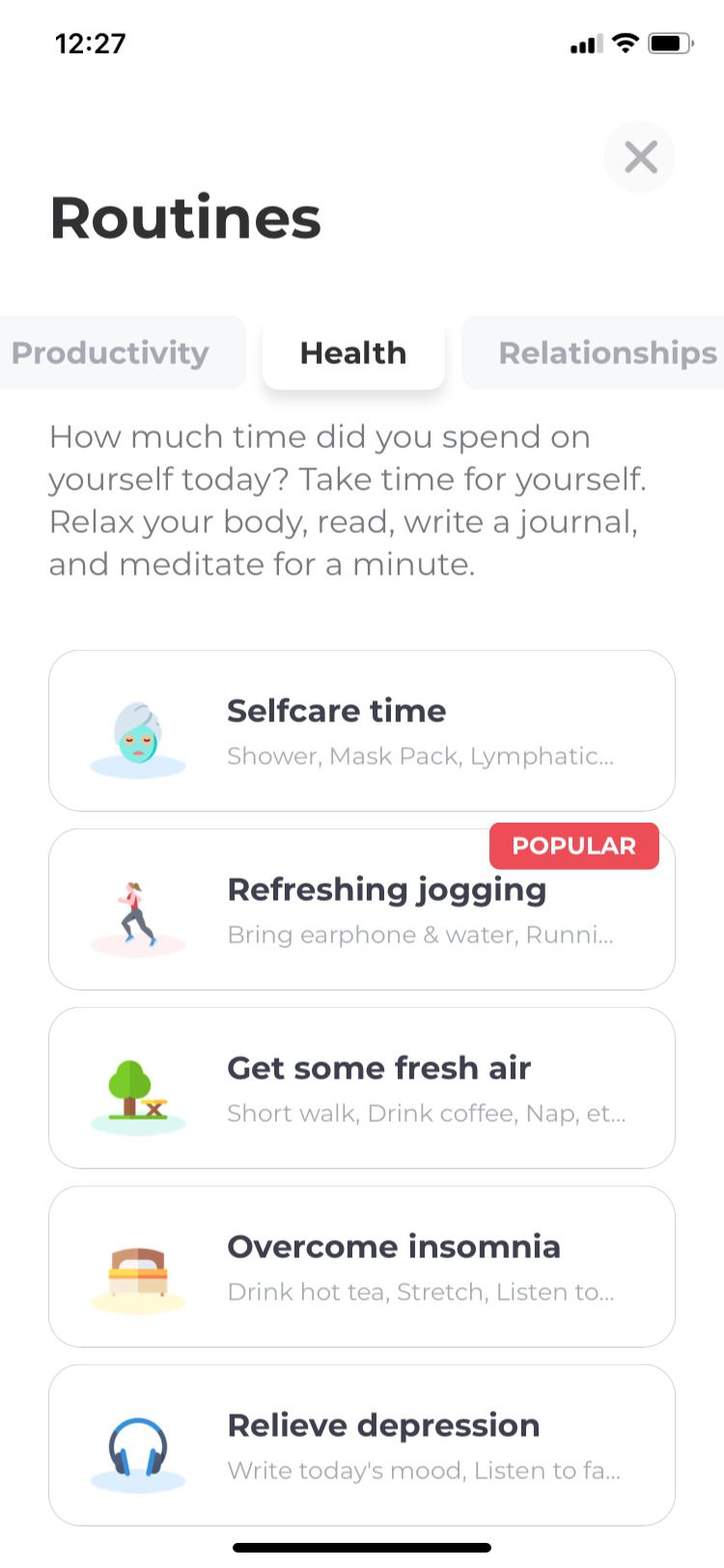 Routinery app health section