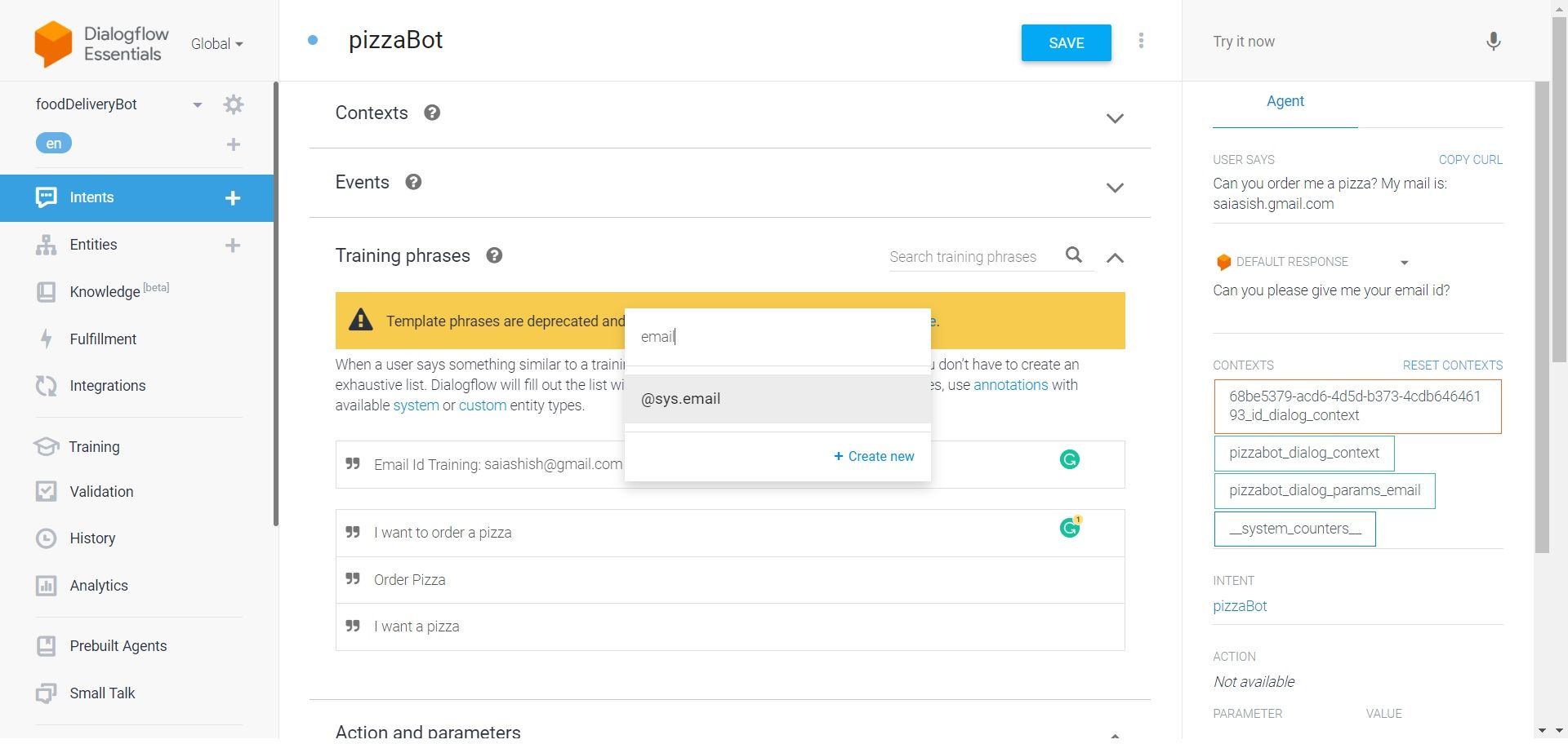 Select email format for the intent of bot