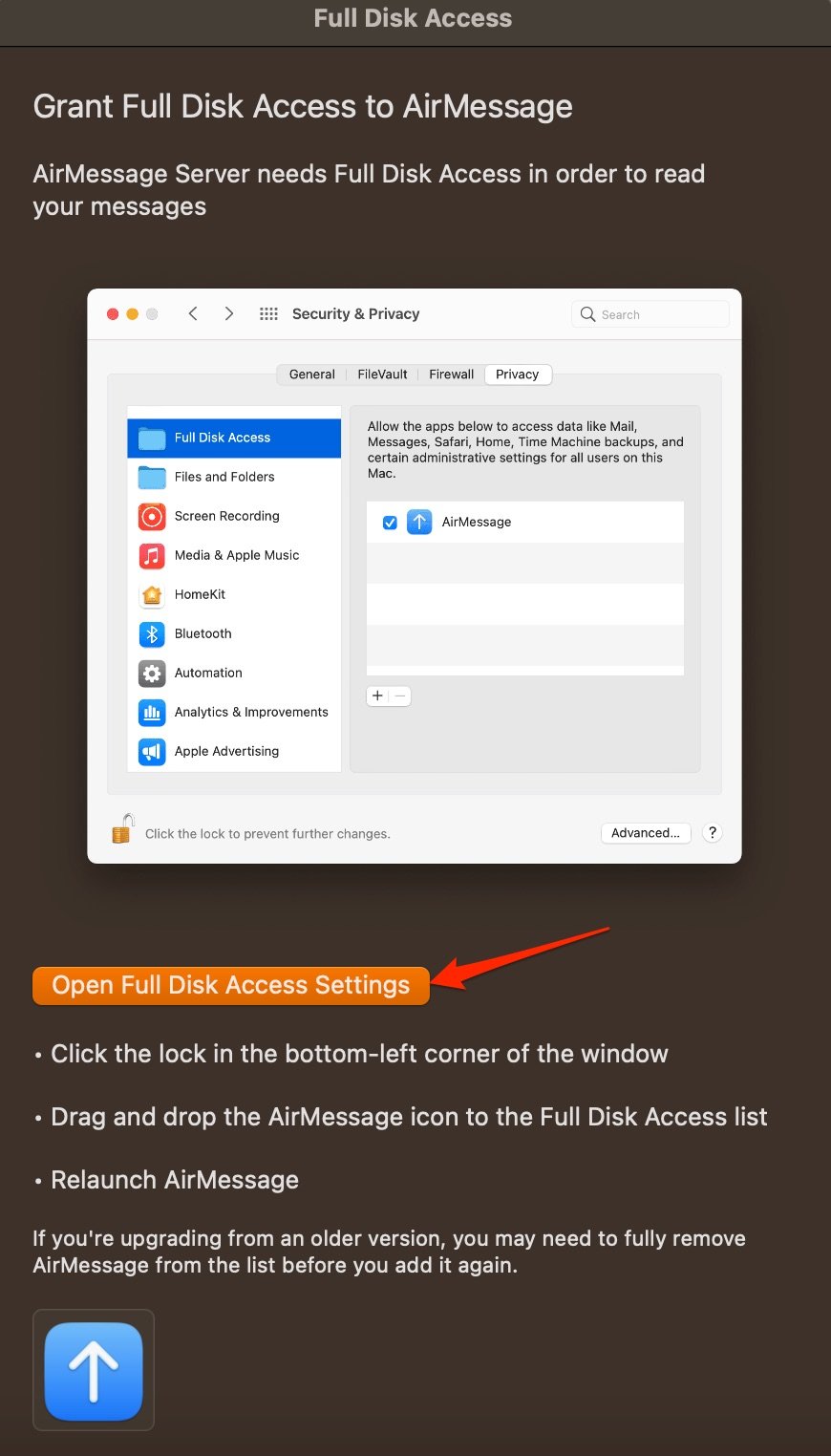Abrir configuración de acceso completo al disco
