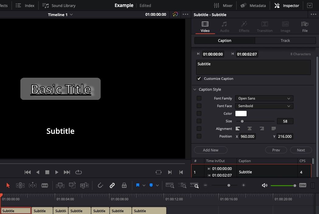 дорожка субтитров и параметры в Inspector в DaVinci Resolve 18