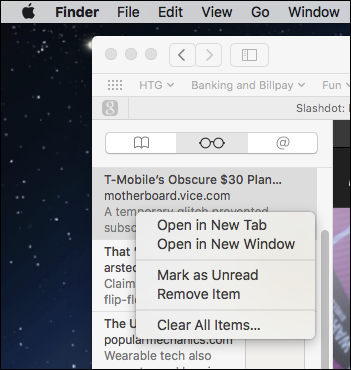 Контекстное меню Reading List на Mac — опция «Clear All Items»