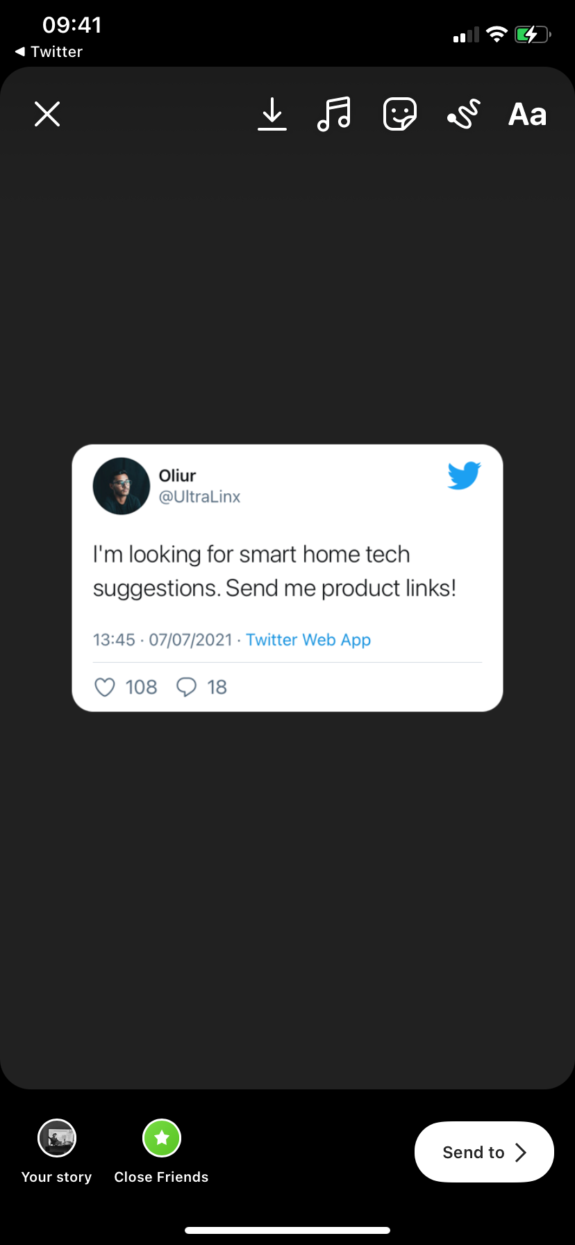 Черновик истории Instagram с твитом