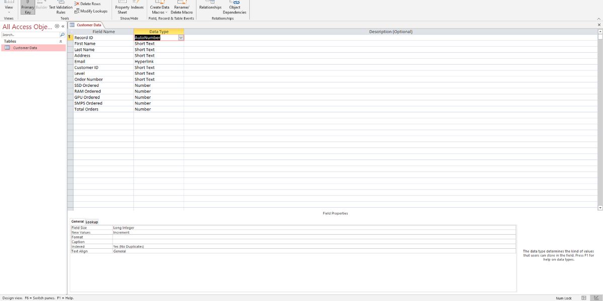Добавление полей в режиме конструктора