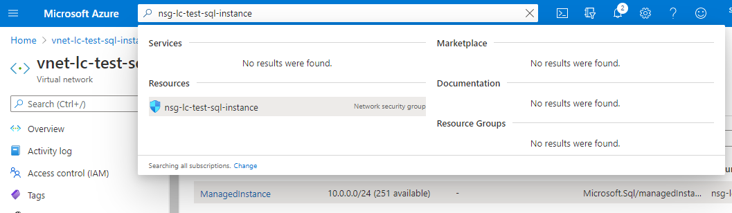 Найдите NSG через поиск в портале и перейдите на его страницу.