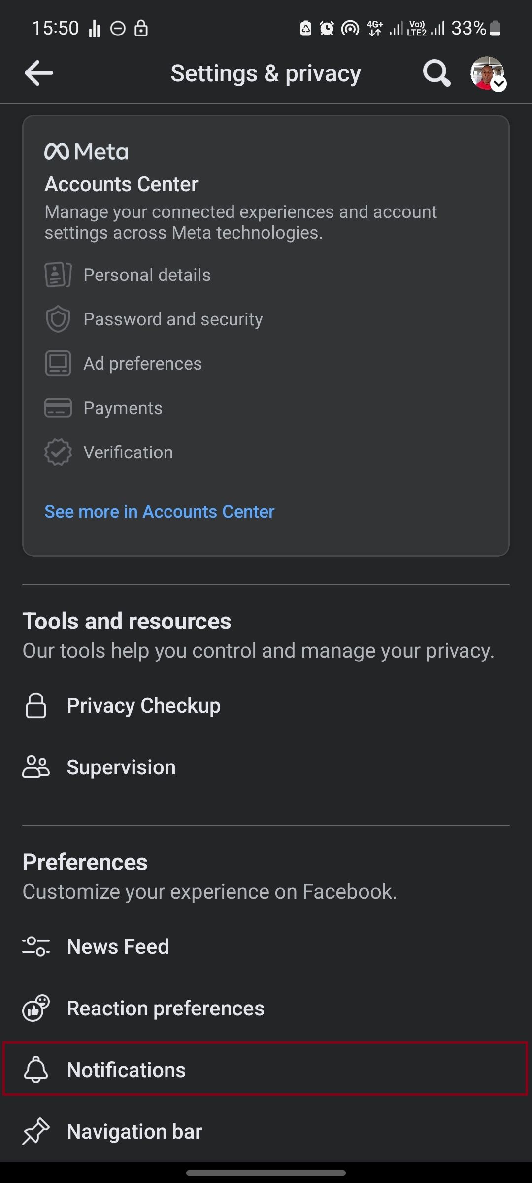 скриншот Android: страница настроек Facebook