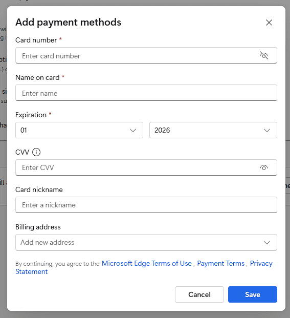 Форма ввода данных карты в Edge