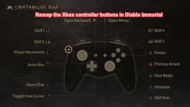 Схема назначений кнопок Xbox для Diablo Immortal — значения по умолчанию