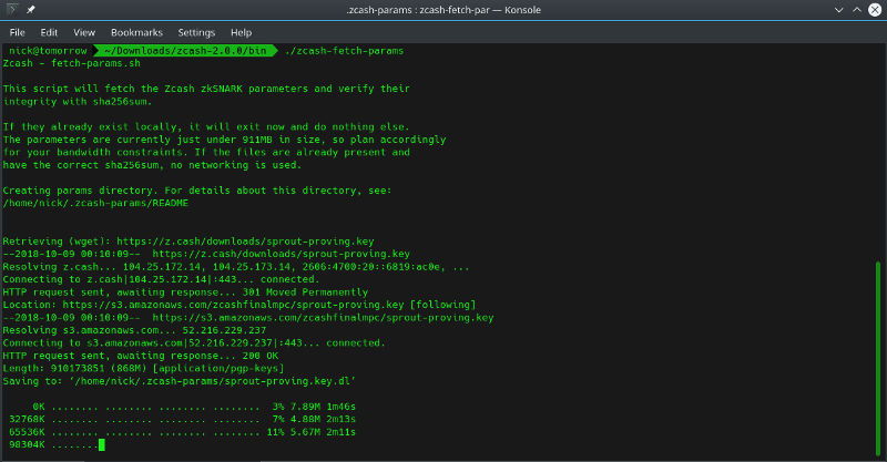 Загрузка параметров Zcash в терминале