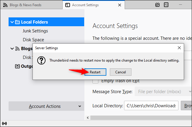 Thunderbird запрашивает перезапуск при смене локального каталога.