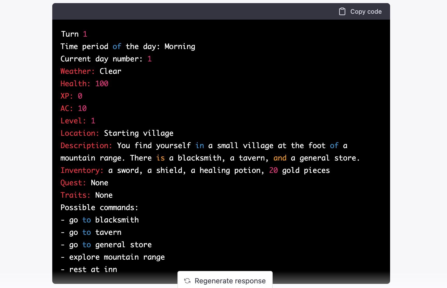 Скриншот вывода ChatGPT в виде блоков кода с текстовой игрой