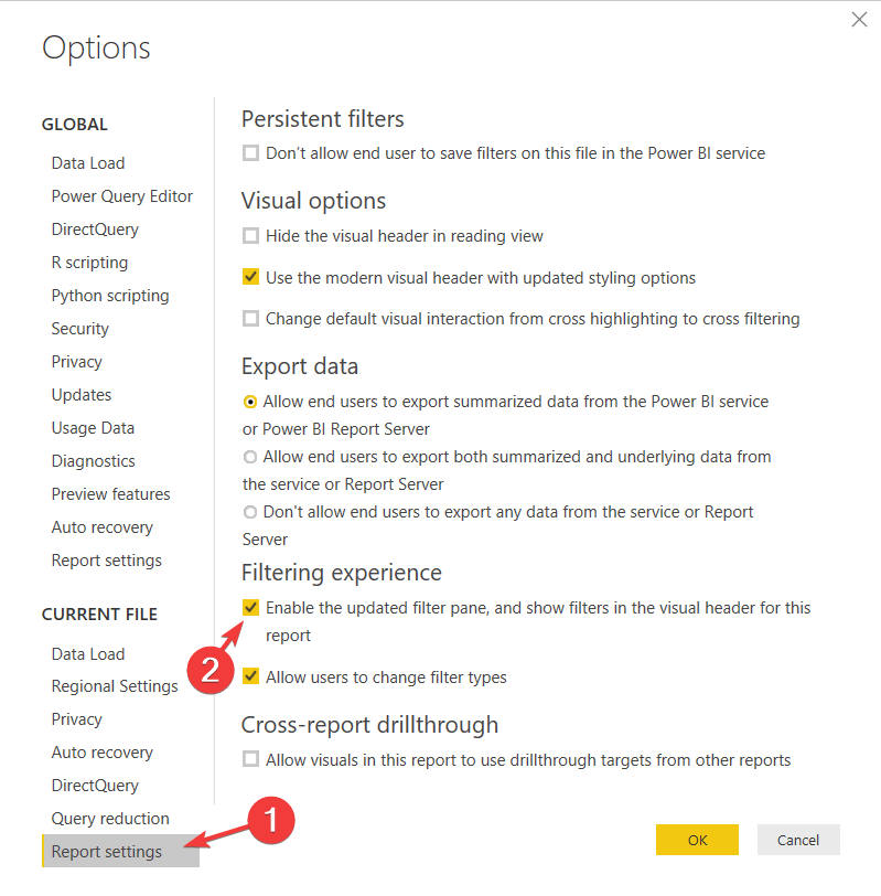 Настройки отчёта Power BI с включением обновлённой панели фильтров