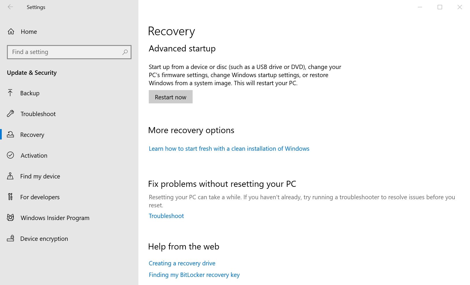 Режим расширенного запуска Windows 10.