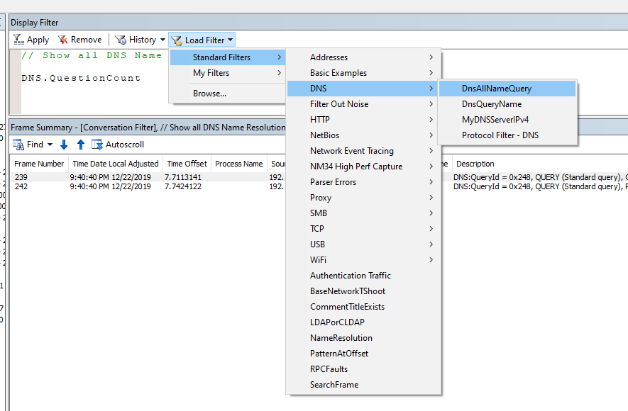 Отфильтрованные DNS запросы в результате Display Filter