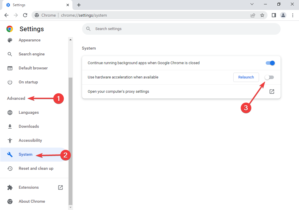 Отключение аппаратного ускорения в разделе 'Система' настроек Chrome