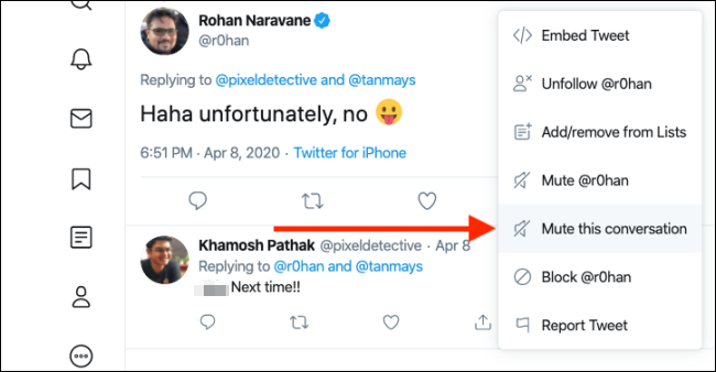 Выбор пункта Отключить уведомления для этого разговора