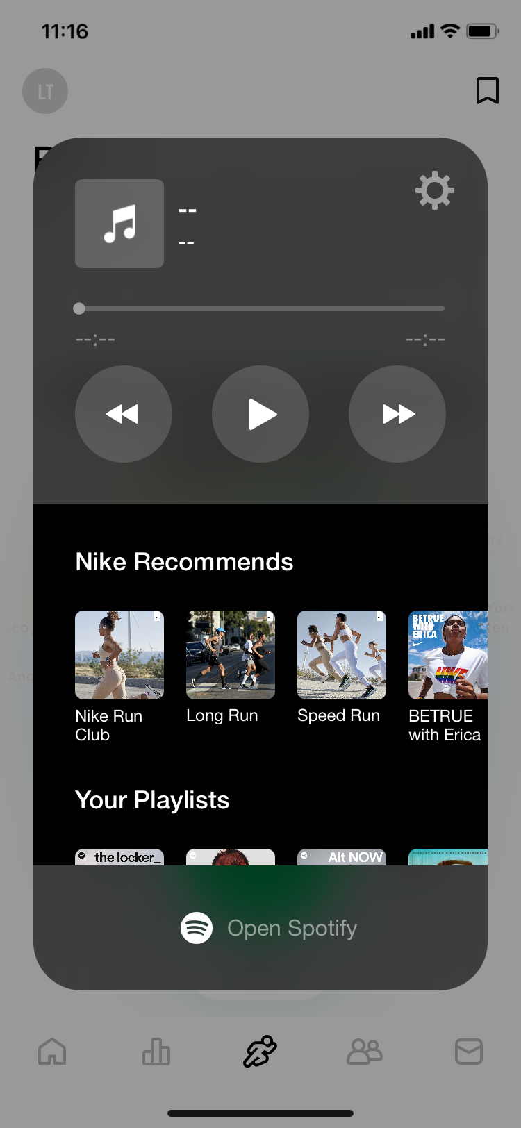 Экран Spotify в приложении Nike Run Club
