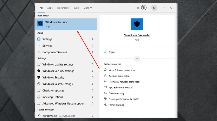 Окно Windows Security — основные параметры